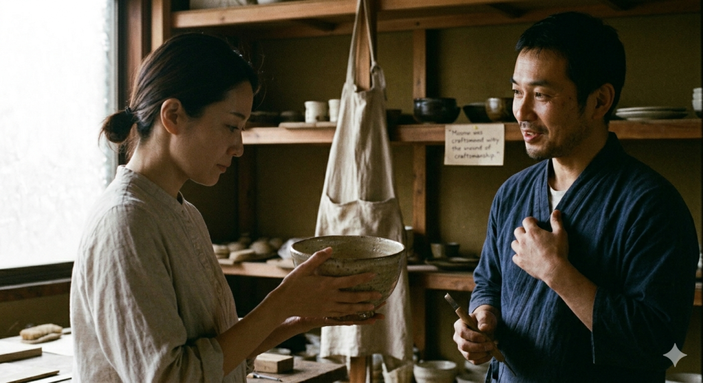 木の作業台のある工房にて、一人の女性が、 image_0.png で見たものとよく似た、土の質感が感じられる陶器のボウルを手に取り、深く思いにふけるような表情で眺めています。その隣では、男性作家が彼女に寄り添い、自らの作品の形や素材の理由、そしてその先に抱く理想の社会について、静かに、しかし真摯に語りかけています。二人の間に生まれる深い対話と、そこから共有される価値観の瞬間を捉えました。